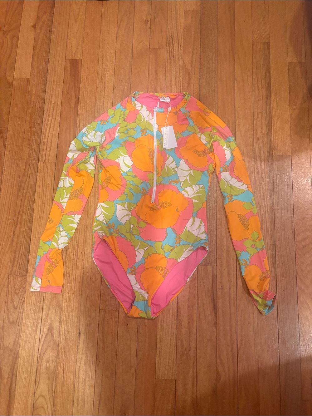 Floral Long Sleeve Zip Front One-Piece Swimsuit - Pink, Orange, Aqua